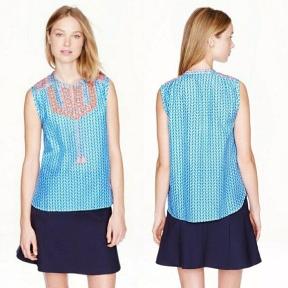 J. Crew Embroidered Tassel Top Blue Sleeveless - Picture 1 of 6